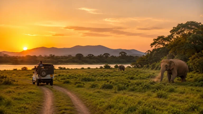 Safari en jeep au coucher du soleil dans un parc national du Sri Lanka avec des éléphants en liberté.