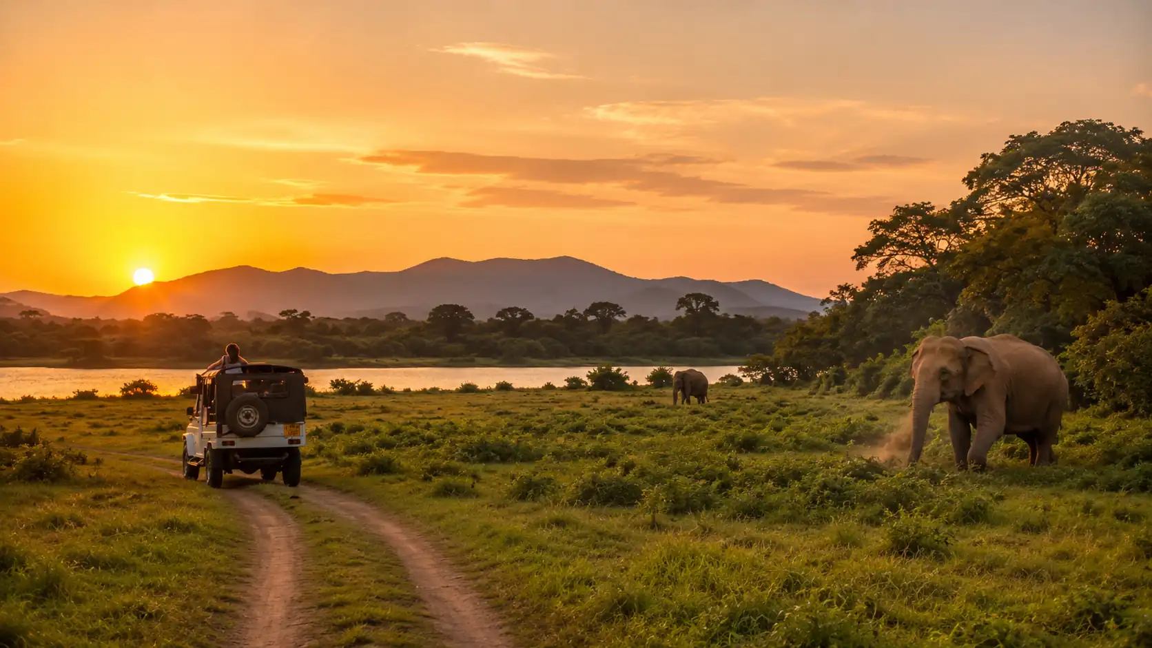 Safari en jeep au coucher du soleil dans un parc national du Sri Lanka avec des éléphants en liberté.
