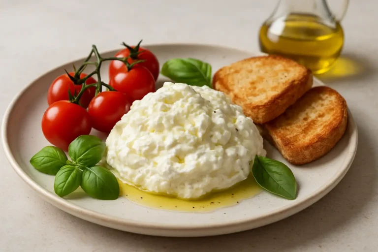 Assiette italienne avec stracciatella crémeuse, tomates, basilic et pain grillé