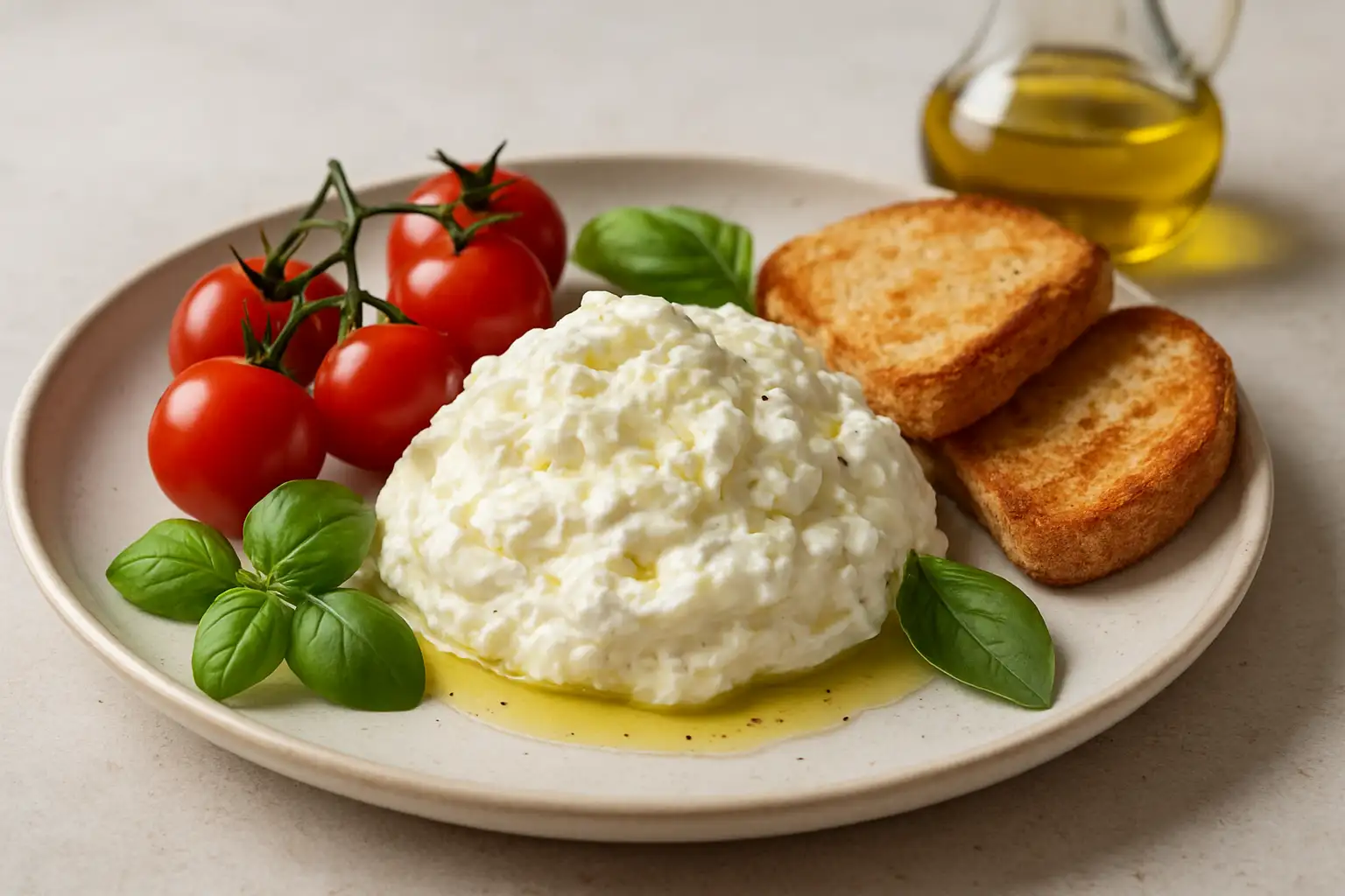 Assiette italienne avec stracciatella crémeuse, tomates, basilic et pain grillé