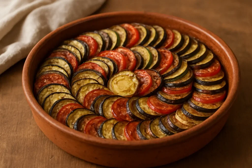 Tian de légumes coloré et doré dans un plat en terre cuite