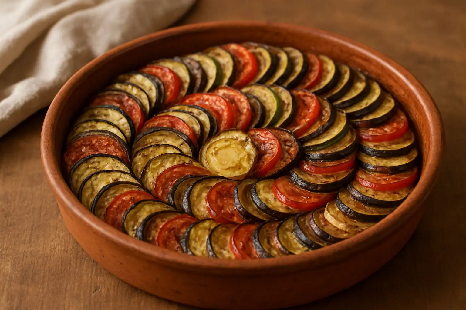 Tian de légumes coloré et doré dans un plat en terre cuite