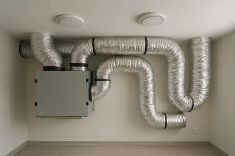 VMC double flux : fonctionnement, prix et coût d’installation 2 Installation de VMC double flux avec caisson et gaines dans une maison