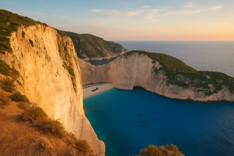 Paysage côtier de Zakynthos avec falaises blanches et mer turquoise
