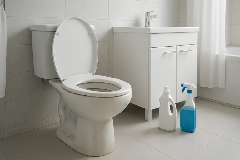 Acide chlorhydrique WC : utilisation, risques et alternatives pour nettoyer les toilettes 8 Cuvette de toilettes avec produits d’entretien dans une salle de bain moderne