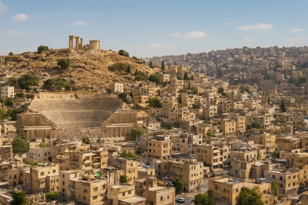 Vue d’Amman en Jordanie avec la Citadelle et le centre-ville en arrière-plan