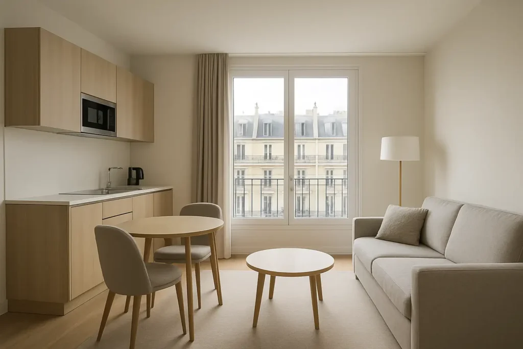 Intérieur moderne d’un appartement hôtel à Paris avec séjour lumineux et kitchenette
