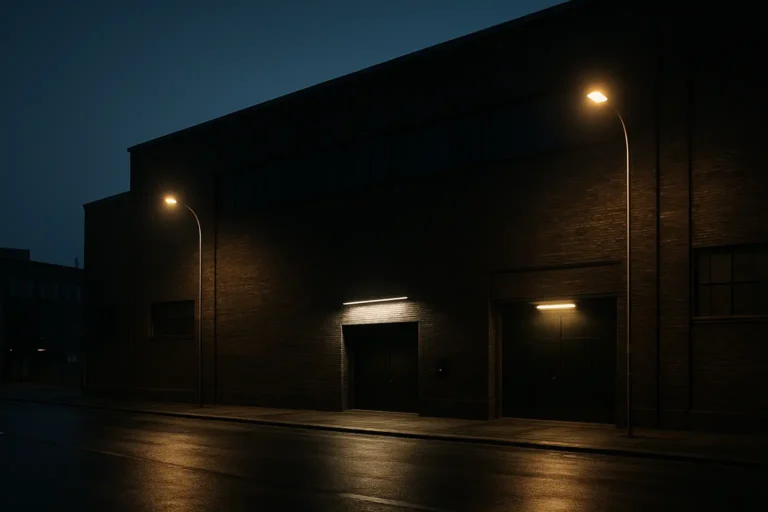Façade d’un club techno emblématique à Berlin, installée dans un bâtiment industriel sombre