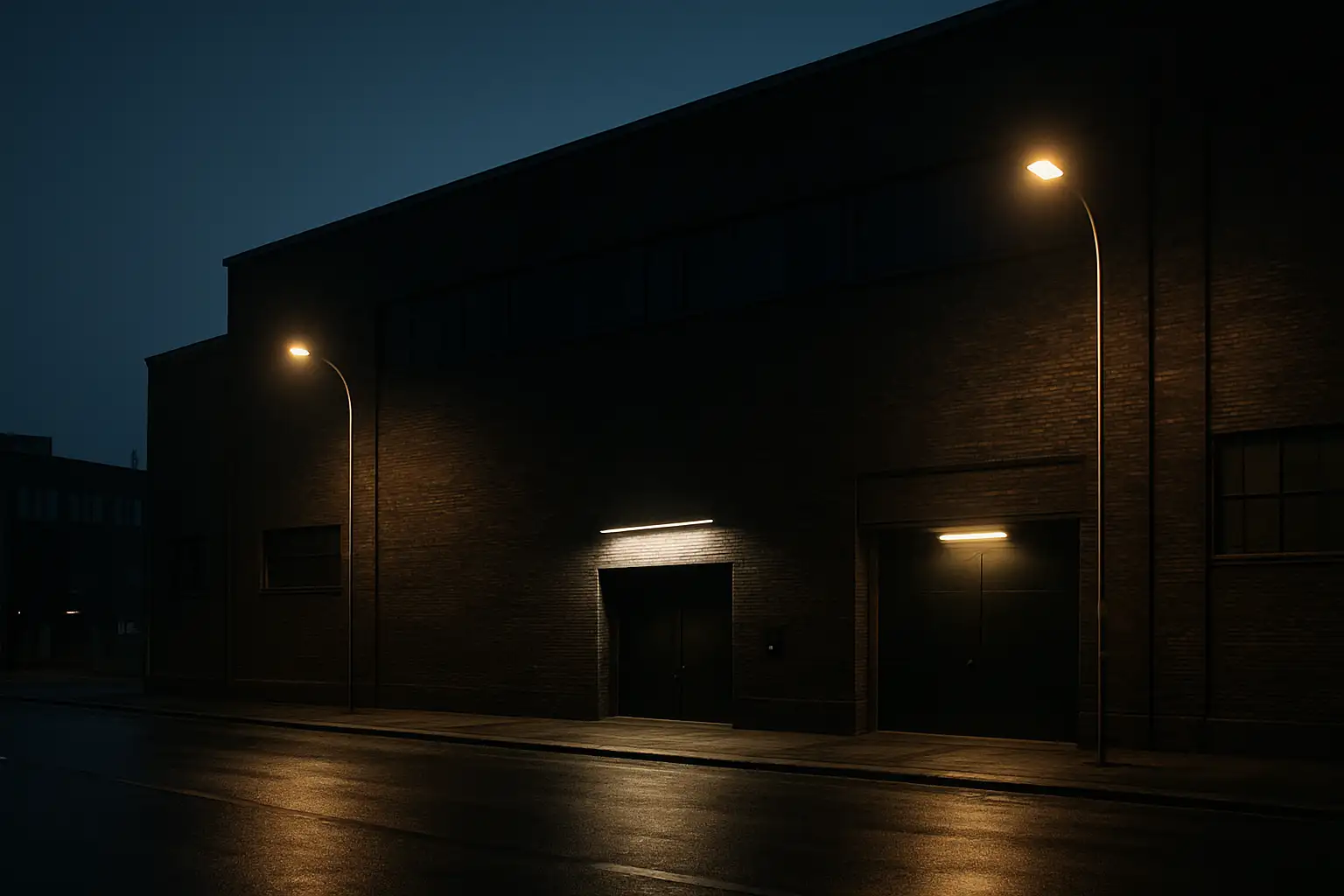 Façade d’un club techno emblématique à Berlin, installée dans un bâtiment industriel sombre
