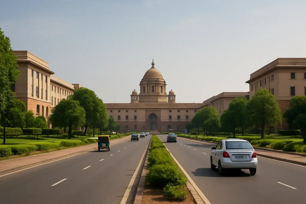 Vue urbaine réaliste de New Delhi, capitale de l’Inde, avec une grande avenue et des bâtiments administratifs