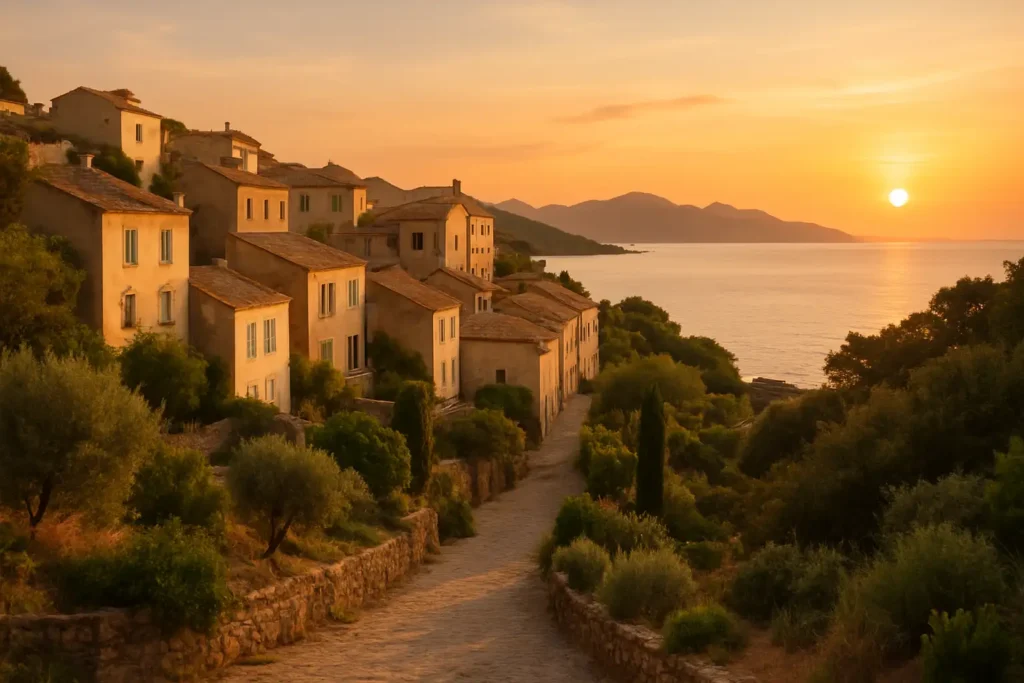 Village de Cargèse en Corse avec vue sur la mer et les collines