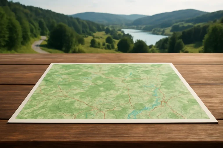 Cartographie du Jura : les plus beaux lieux à explorer entre nature, villages et reliefs 8 Carte touristique du Jura posée sur une table avec un paysage jurassien en arrière-plan