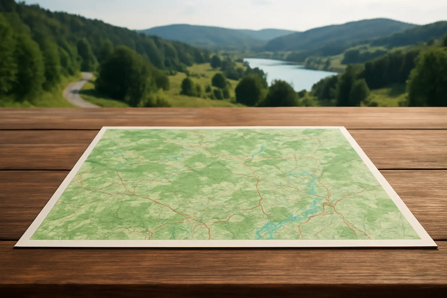 Carte touristique du Jura posée sur une table avec un paysage jurassien en arrière-plan