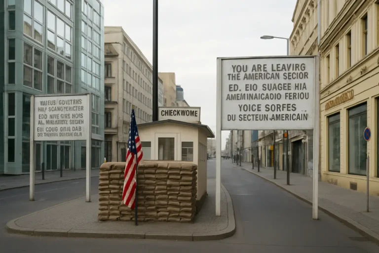 Checkpoint Charlie à Berlin : histoire, visite et conseils pratiques 8 Checkpoint Charlie à Berlin avec la reconstitution du poste frontière et les panneaux historiques