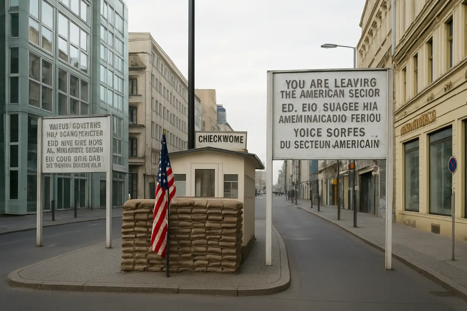 Checkpoint Charlie à Berlin avec la reconstitution du poste frontière et les panneaux historiques