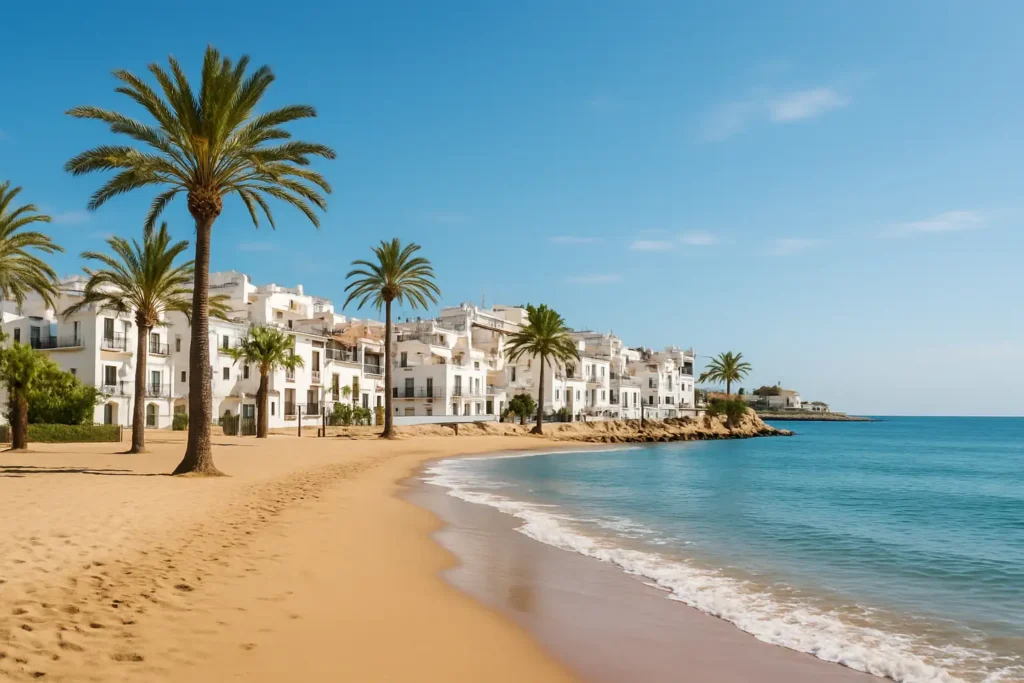 Vue de la Costa del Sol avec plage, mer calme et ville côtière en Andalousie