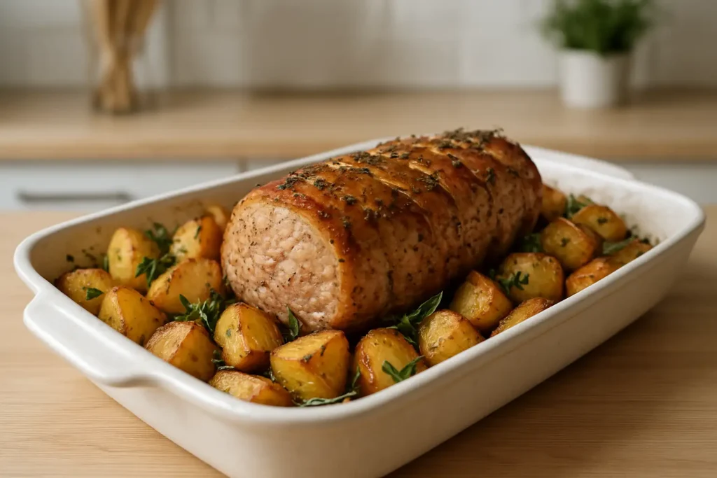 Filet mignon de porc rôti au four avec pommes de terre et herbes