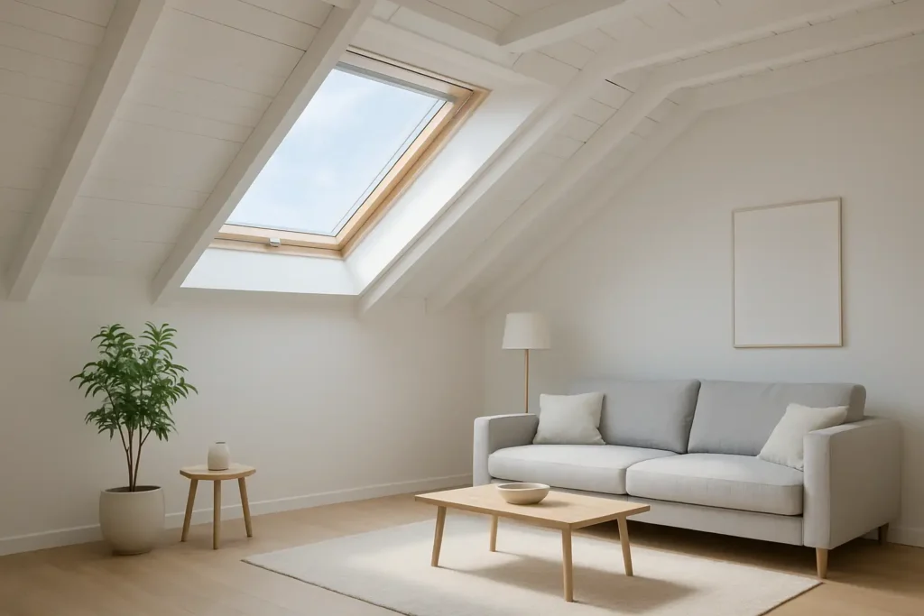 Fenêtre de toit : bien choisir, installer et entretenir sa fenêtre de toit 19 Intérieur de combles lumineux avec une fenêtre de toit ouverte