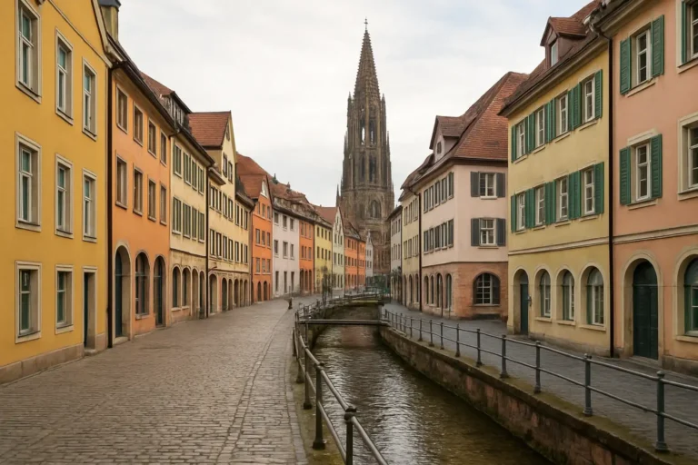 Centre historique de Fribourg en Brisgau avec la cathédrale et les petits canaux d’eau