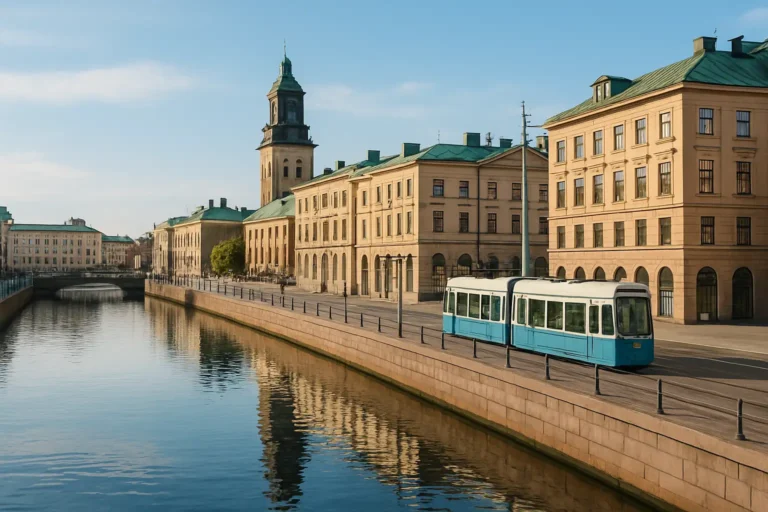 Vue urbaine de Göteborg avec canal, tramway et bâtiments du centre-ville