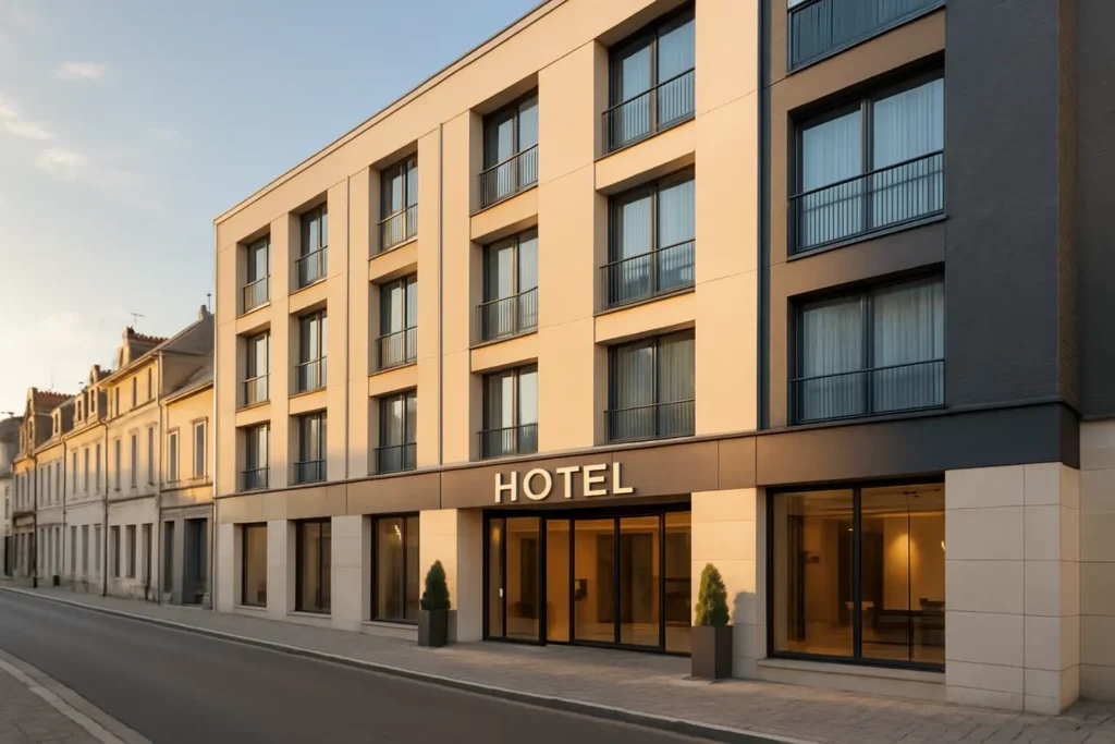 Façade d’un hôtel urbain à Amiens dans une rue calme du centre-ville