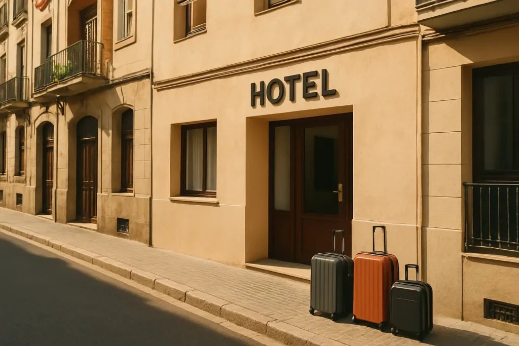 Façade d’un hotel pas cher à Barcelone dans une rue urbaine lumineuse