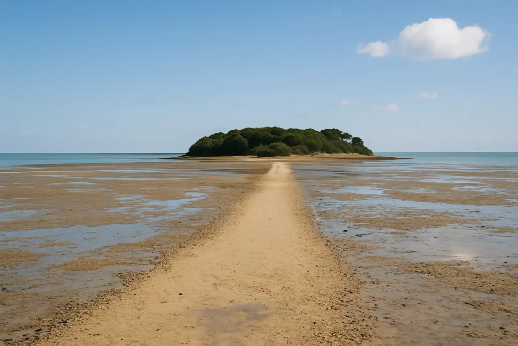 Vue de la passe submersible menant à l’île Madame à marée basse, en Charente-Maritime