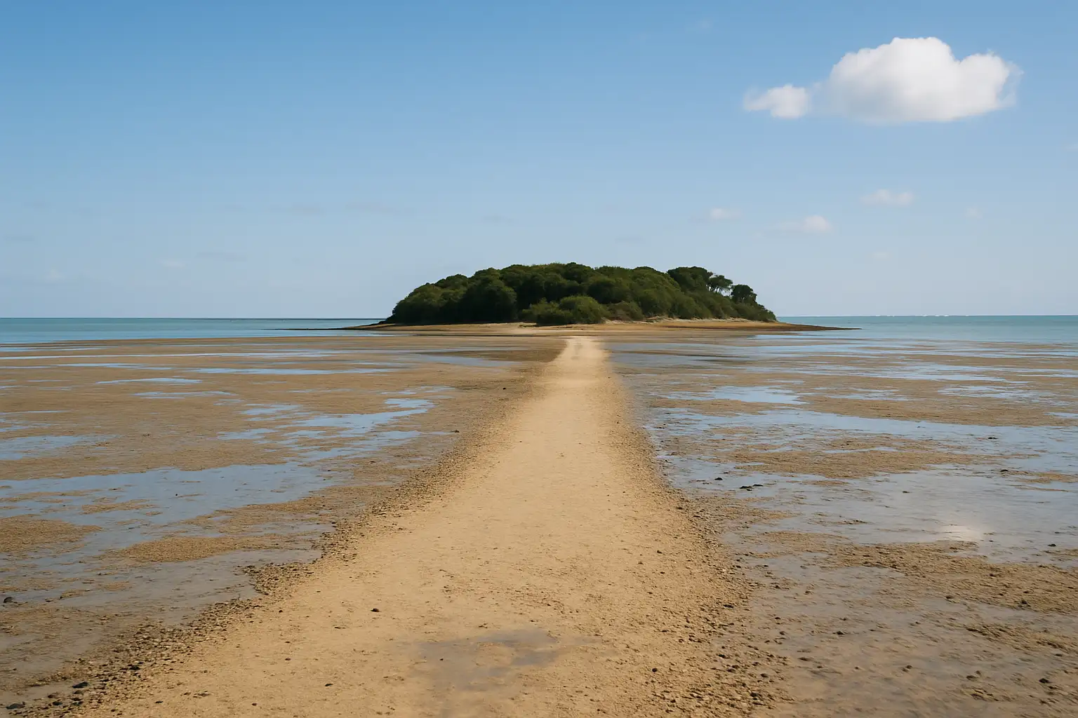 Île Madame : visite, accès et incontournables de cette île charentaise 1 Vue de la passe submersible menant à l’île Madame à marée basse, en Charente-Maritime