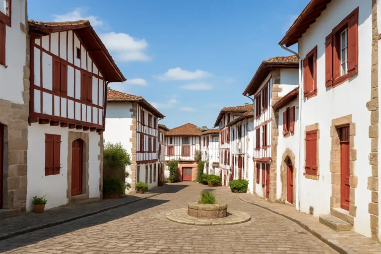 Rue typique de La Bastide-Clairence avec maisons basques à colombages