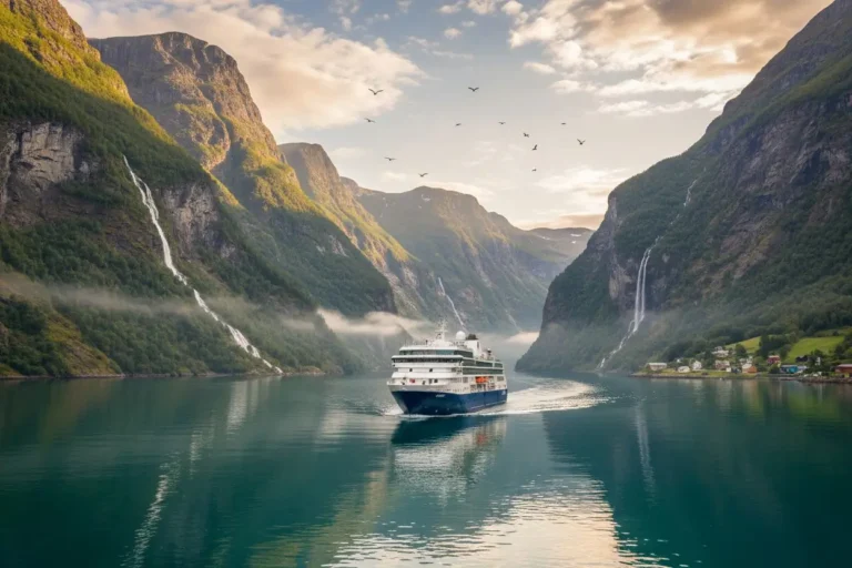 Pourquoi une croisière dans les fjords est une expérience unique 7 Navire de croisière naviguant dans un fjord norvégien entouré de montagnes et de cascades
