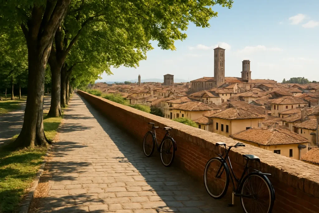 Les remparts de Lucques en Toscane avec la vieille ville et une promenade arborée
