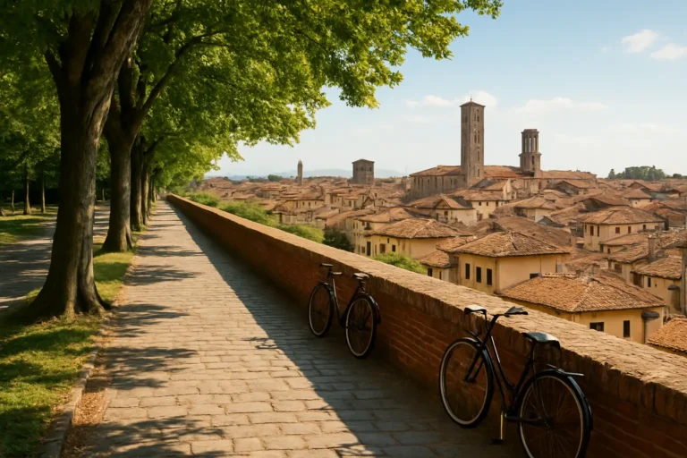 Les remparts de Lucques en Toscane avec la vieille ville et une promenade arborée