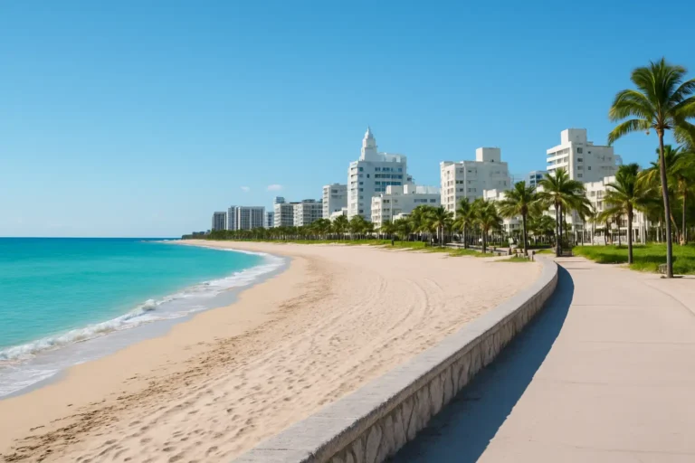 Plage de Miami Beach avec mer turquoise et immeubles Art déco