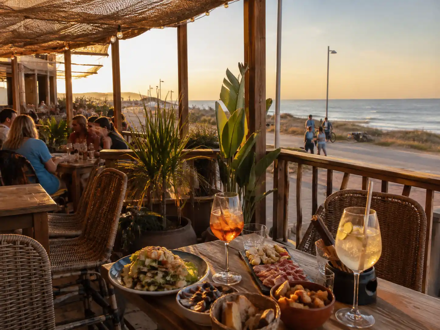 Terrasse de restaurant à Mimizan Plage avec tapas et cocktails face à l’océan au coucher du soleil