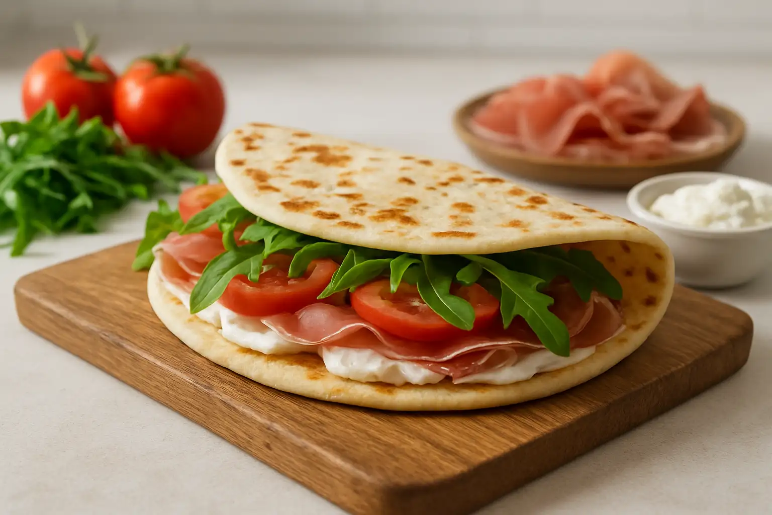 Piadina : la spécialité italienne à déguster comme un sandwich plat 1 Piadina italienne garnie avec roquette, jambon et fromage sur une planche en bois