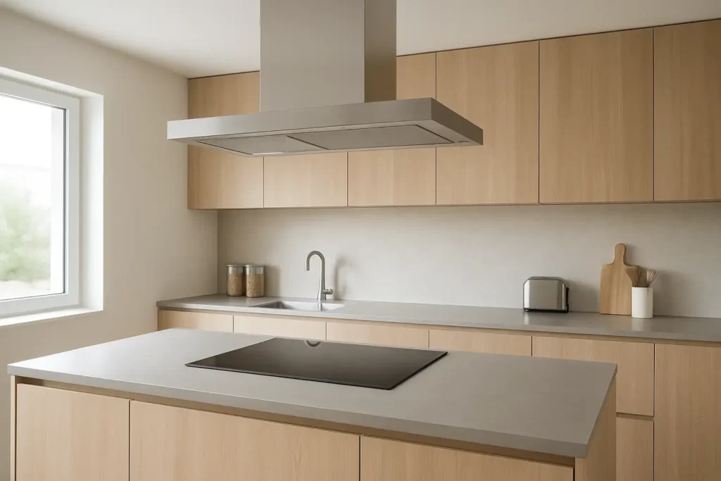 Cuisine moderne avec plaque induction et hotte intégrée dans un îlot central