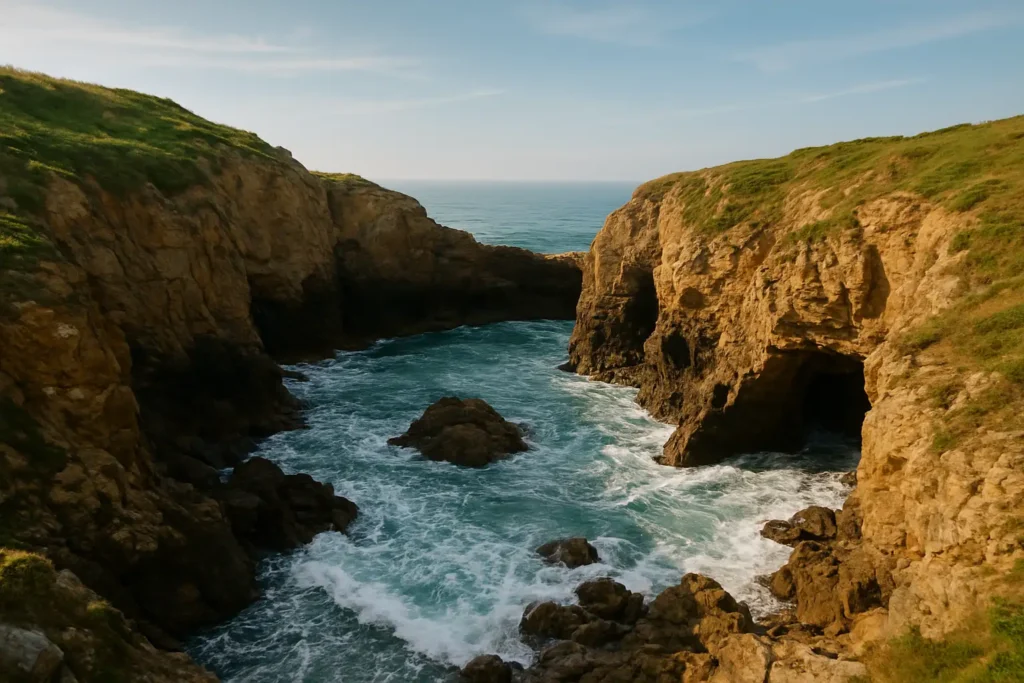 Le Puits d’Enfer à Talmont-Saint-Hilaire avec ses falaises rocheuses et l’océan Atlantique