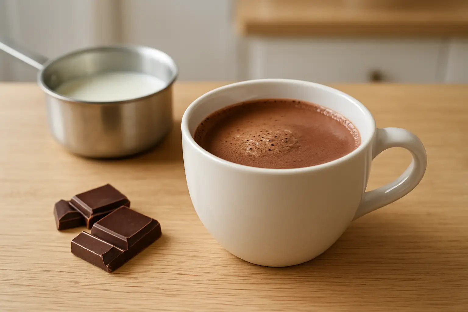 Une tasse de chocolat chaud maison onctueux avec du chocolat et du lait à côté