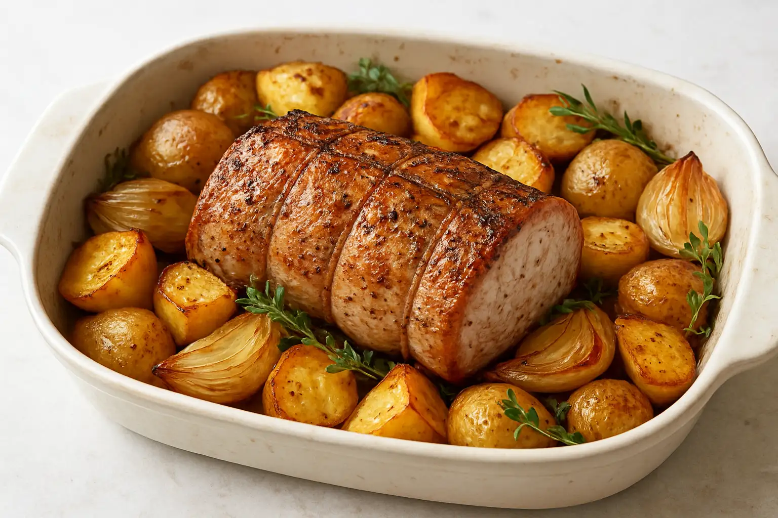 Recette filet mignon au four : moelleux, simple et savoureux 1 Filet mignon de porc rôti au four avec pommes de terre et herbes
