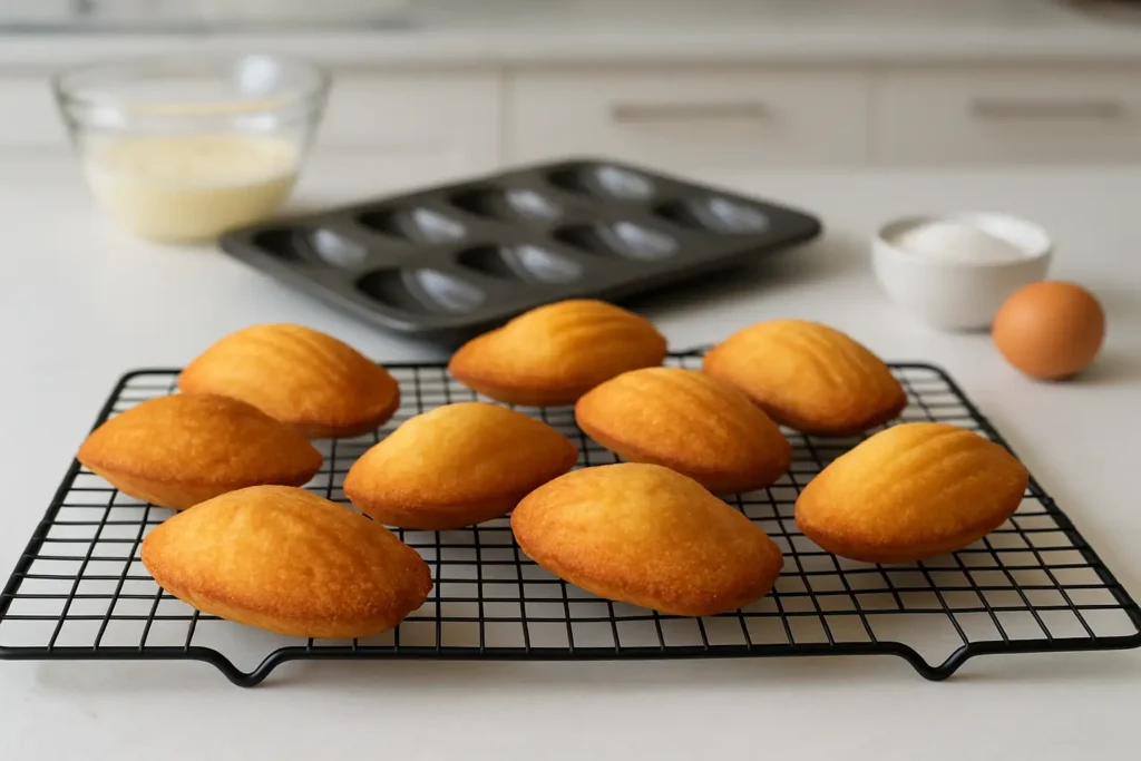 Madeleines moelleuses maison dorées sur une grille de refroidissement