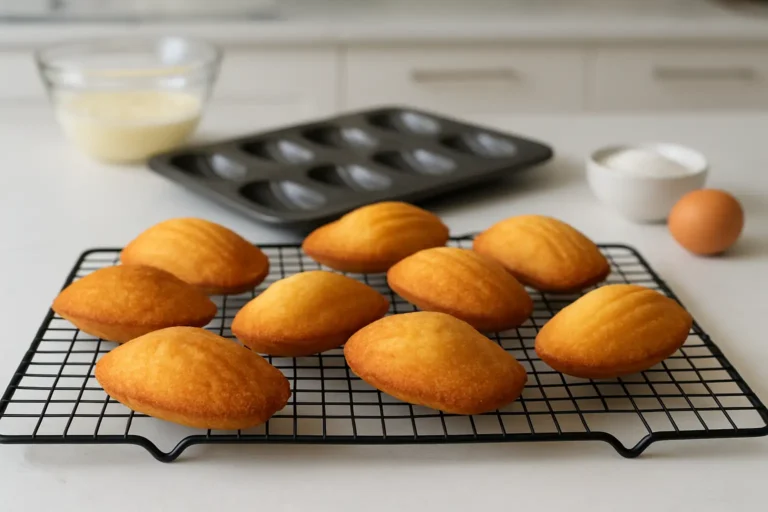 Recette madeleine moelleuse : la version facile pour des madeleines bien gonflées 8 Madeleines moelleuses maison dorées sur une grille de refroidissement
