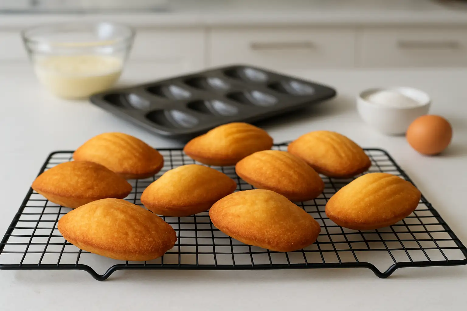 Madeleines moelleuses maison dorées sur une grille de refroidissement