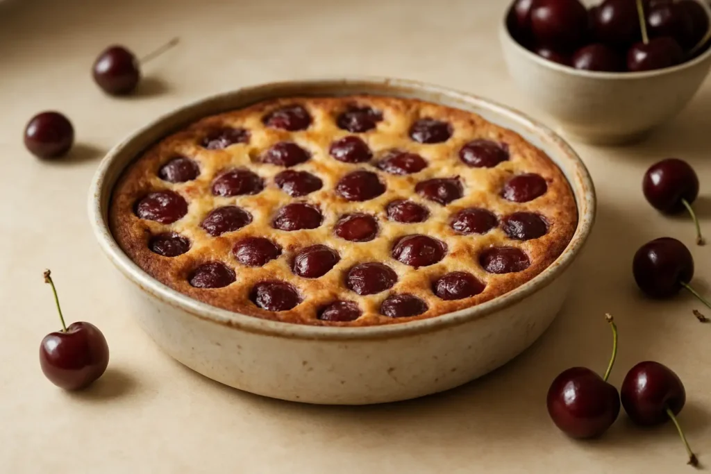 Clafoutis traditionnel aux cerises dans un plat en céramique, présenté sur une table claire