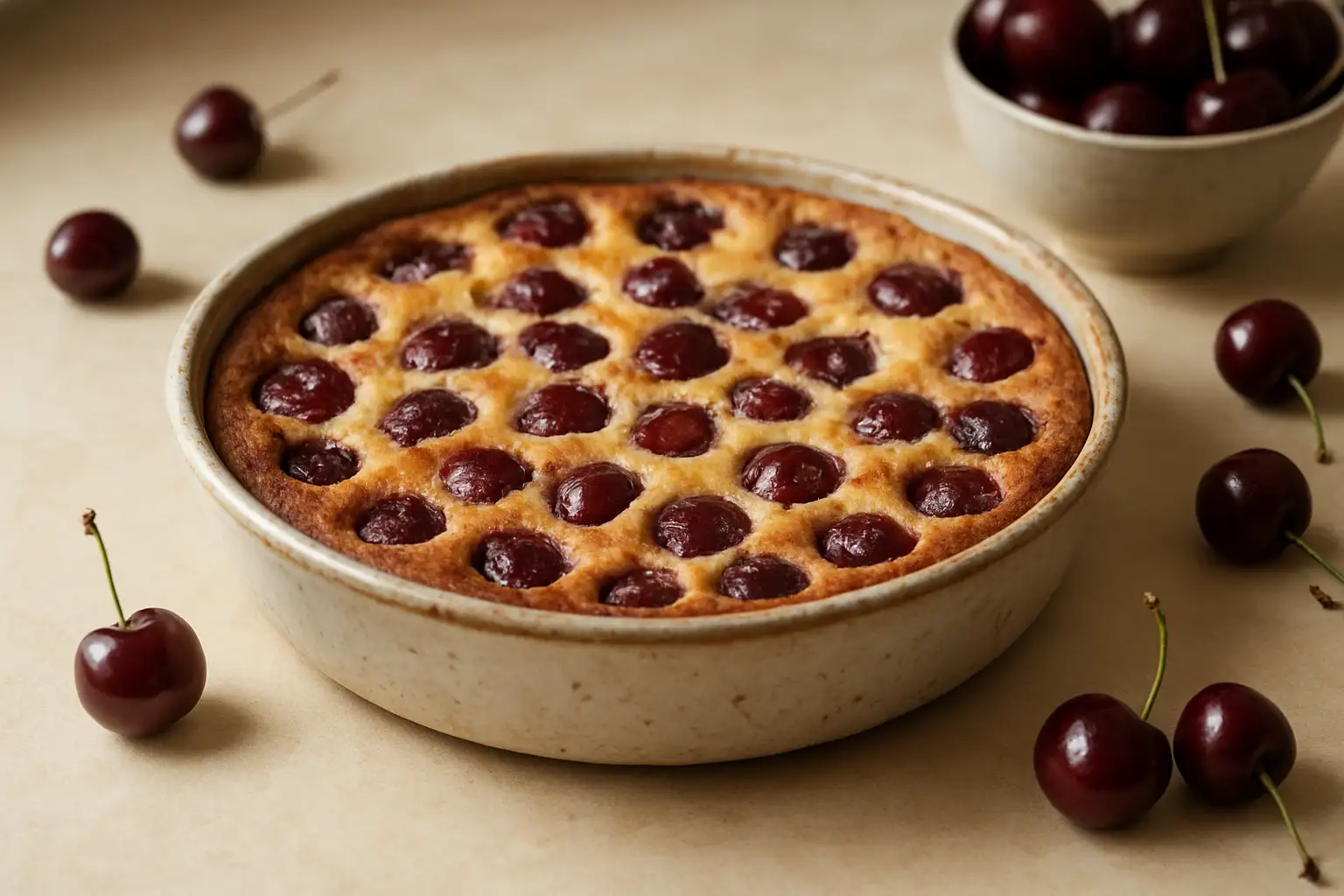Recette traditionnelle clafoutis aux cerises : le dessert moelleux et facile 1 Clafoutis traditionnel aux cerises dans un plat en céramique, présenté sur une table claire