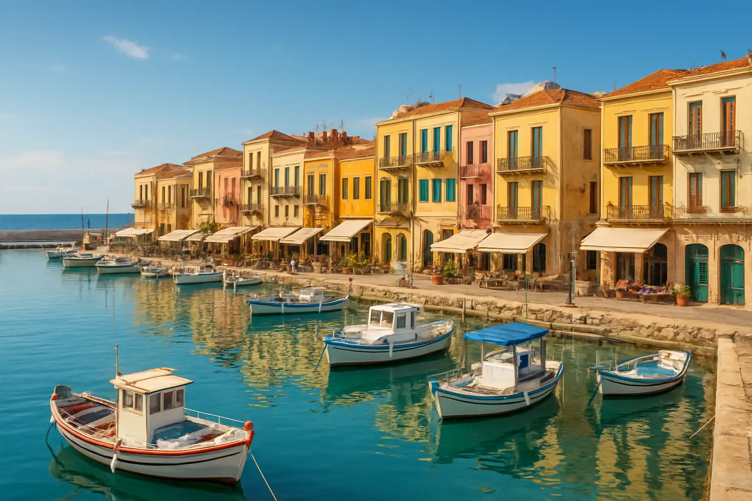 Rethymnon : que voir et que faire dans cette ville de Crète 1 Le port vénitien de Rethymnon avec la vieille ville et la mer en arrière-plan.