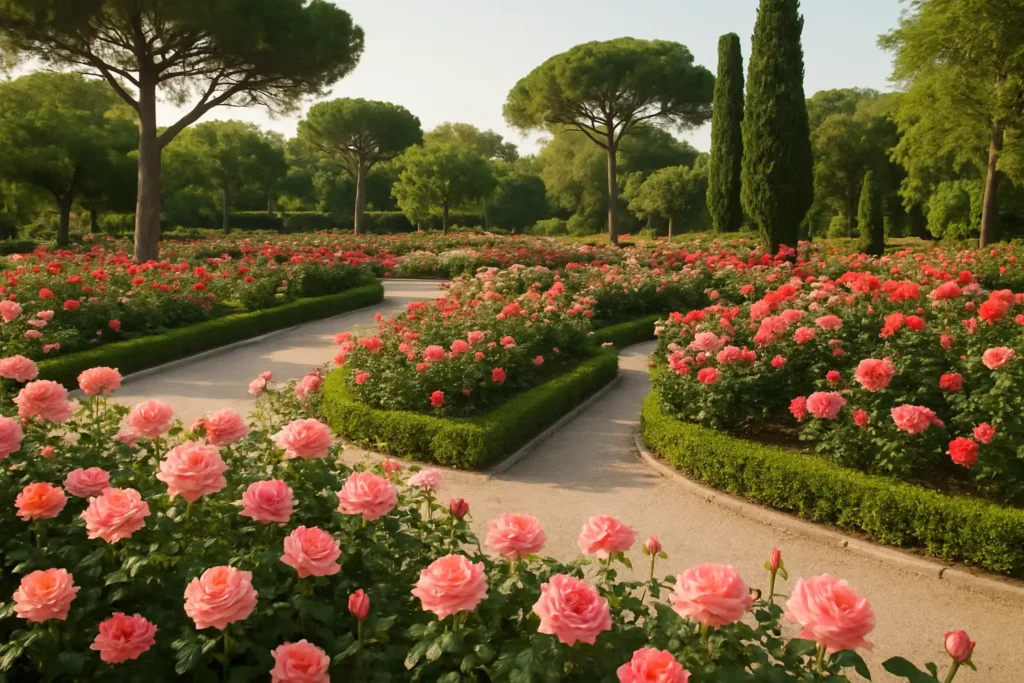Roseraie en Espagne avec des massifs de roses fleuries dans un jardin public