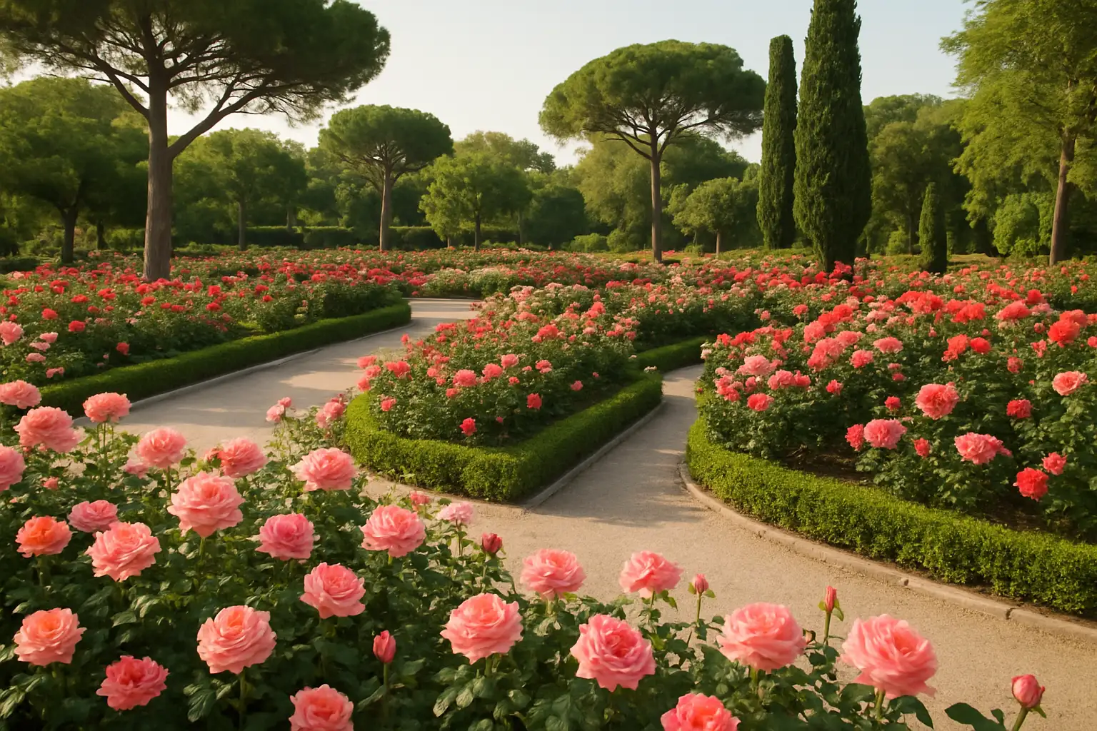 Roses d’Espagne : les plus belles régions à visiter pour en profiter 1 Roseraie en Espagne avec des massifs de roses fleuries dans un jardin public