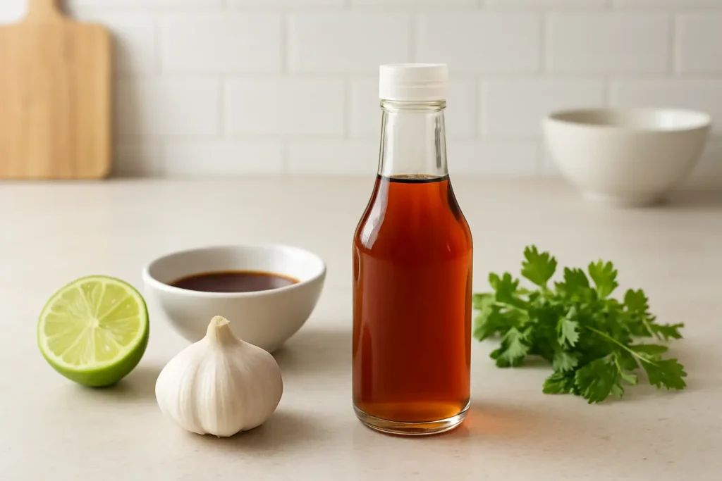 Bouteille de sauce poisson avec des ingrédients de cuisine sur un plan de travail