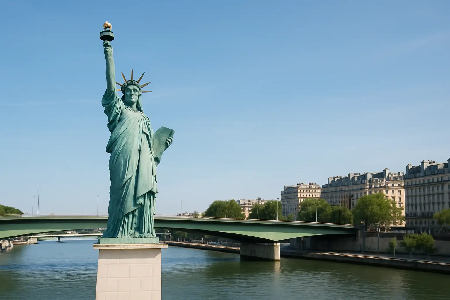 La statue de la Liberté sur l’île aux Cygnes à Paris, vue depuis la Seine