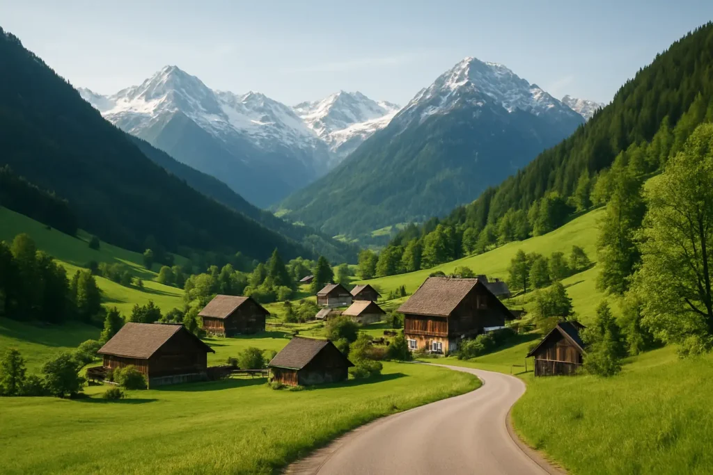 Paysage alpin du Tyrol en Autriche avec village traditionnel et montagnes